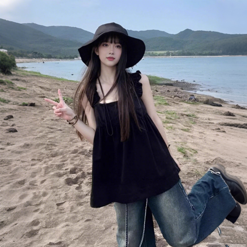 黑色绝美小吊带背心女夏外穿2025新款设计感法式甜辣无袖海边上衣