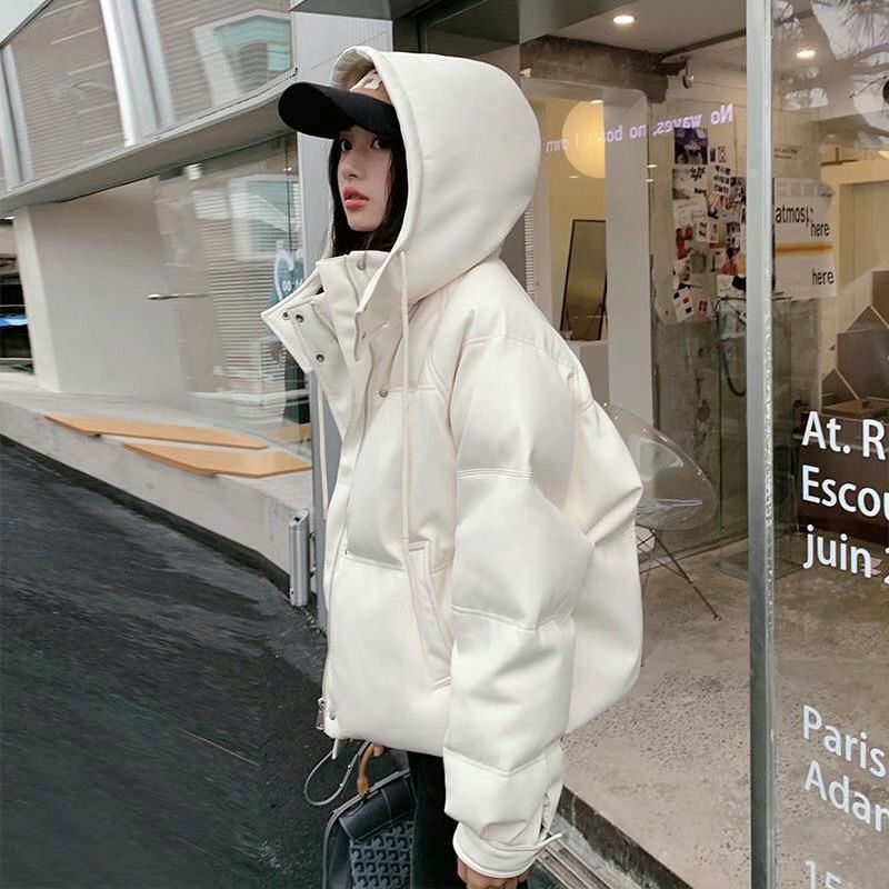 白色PU皮三防免洗羽绒棉服2024冬季立领连帽宽松百搭短款女外套