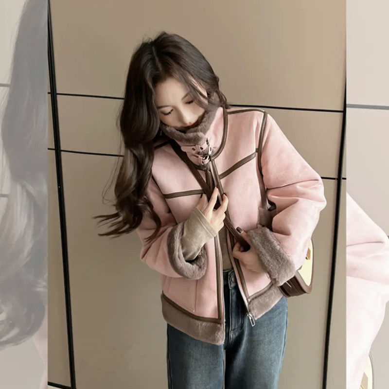 皮毛一体羊羔毛外套女冬季新款小个子仿鹿皮绒加厚保暖机车服上衣