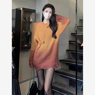 新款 打底毛衣女冬季 高级感渐变色复古针织连衣裙潮 中长款 欧货时尚