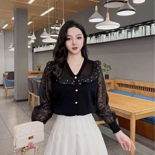 洋气百搭小衫 拼接冰丝针织衫 上衣女i V领木耳边烫钻雪纺泡泡袖 新款