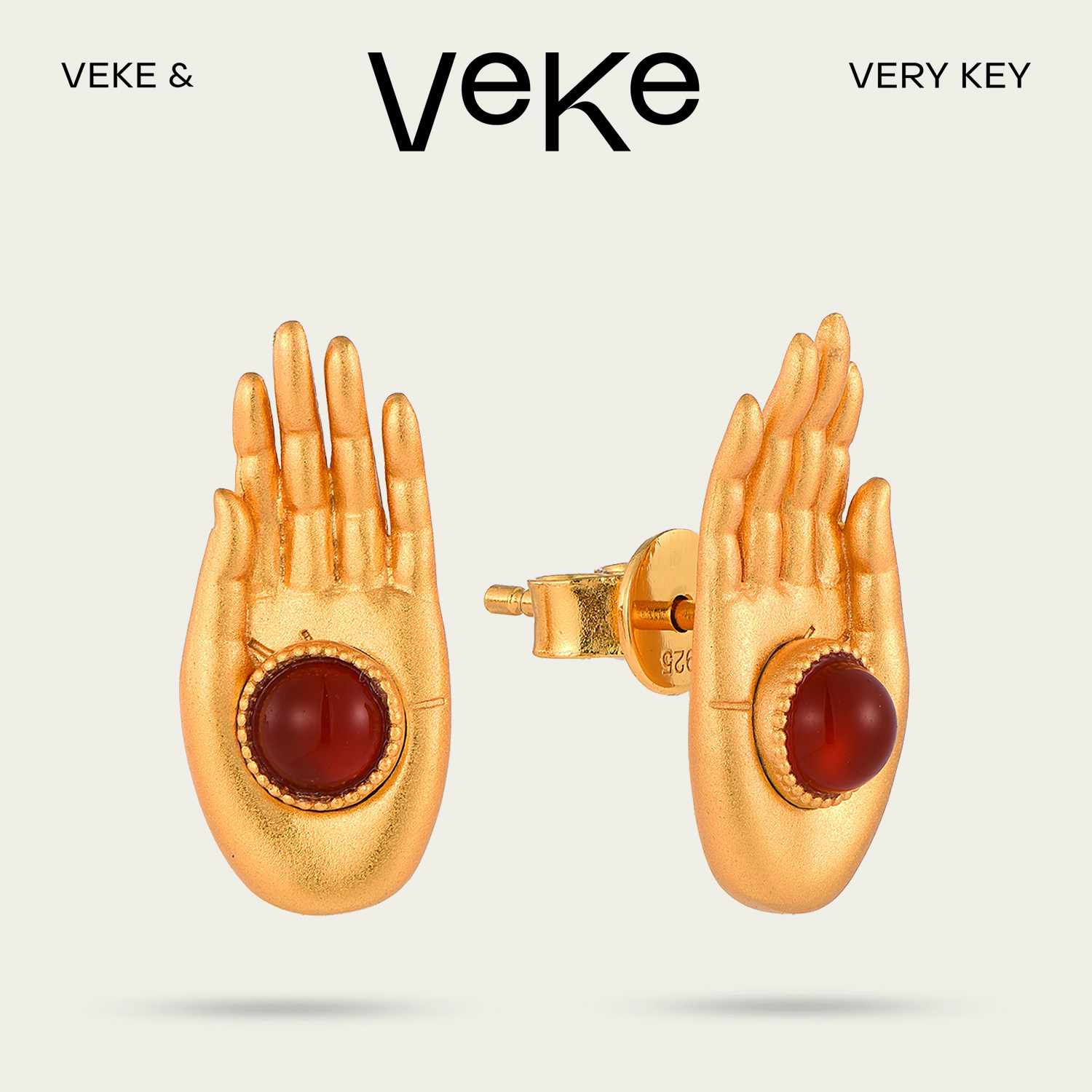 VEKE「手信」金色佛手造型耳环女红宝石镶嵌时尚个性耳饰SE18766A