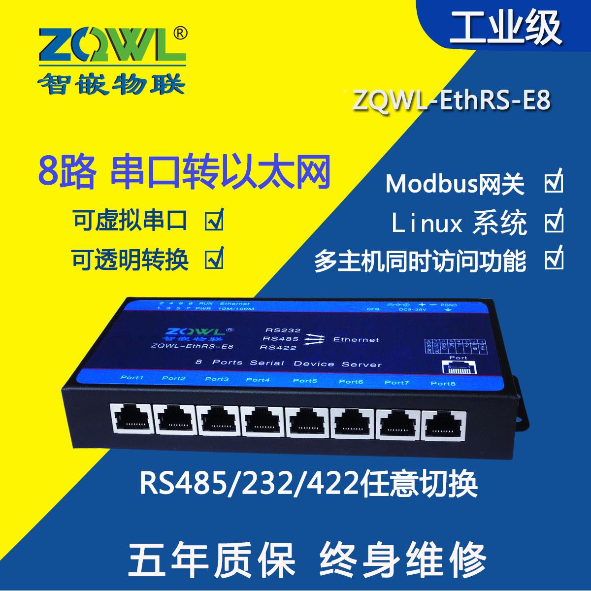 智嵌8串口通讯服务器模块RS232/485/422转以太网 Modbus网关RTU