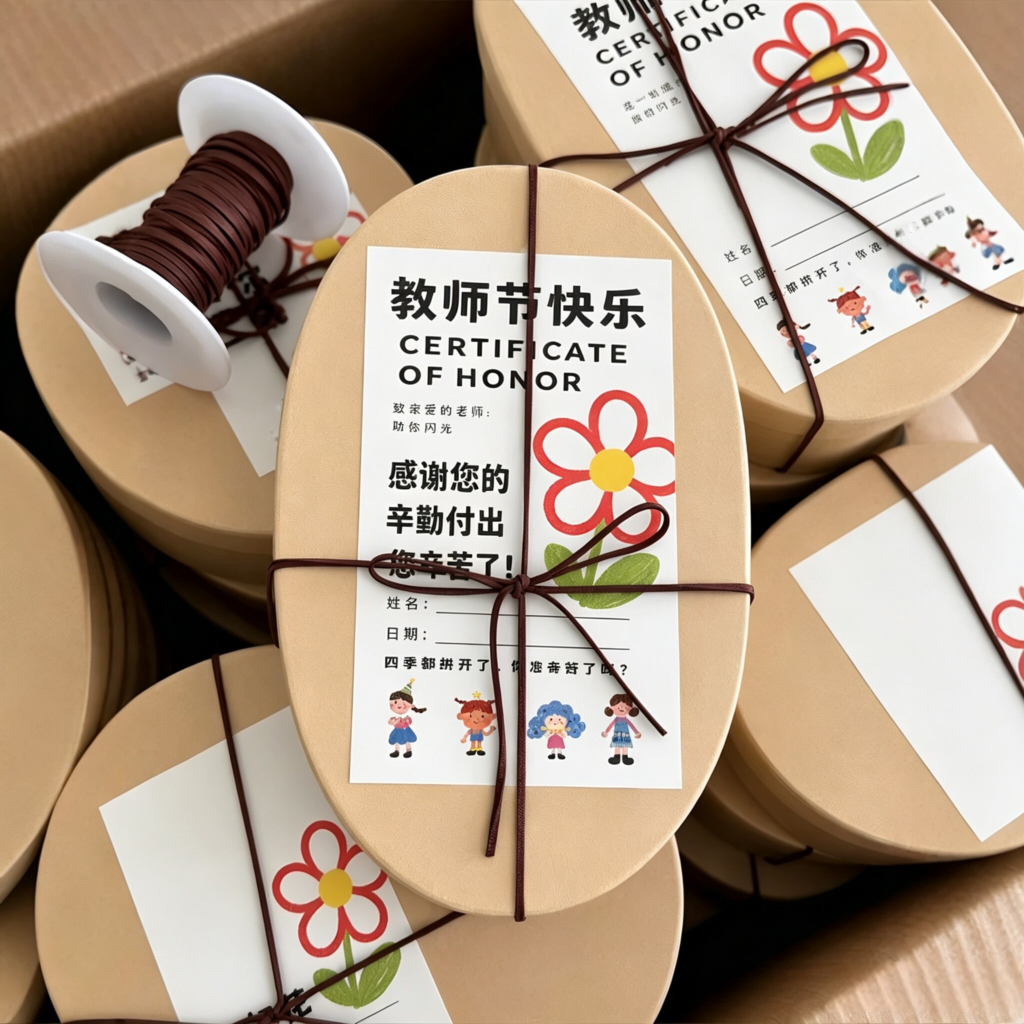 教师节礼物包装盒复古椭圆形牛皮纸盒贺卡片送老师伴手礼品空盒子