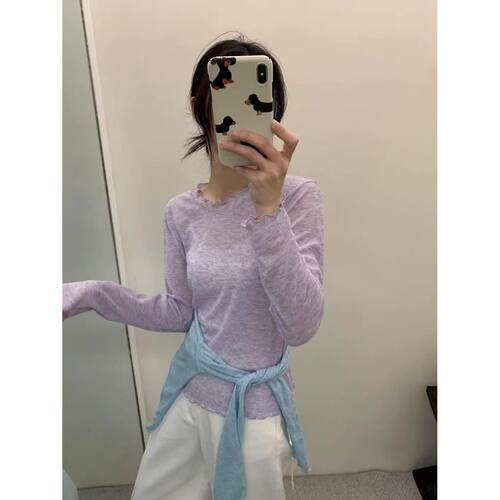 韩系甜美百搭木耳边长袖卷边T恤女春夏款薄款显瘦防晒打底衫上衣