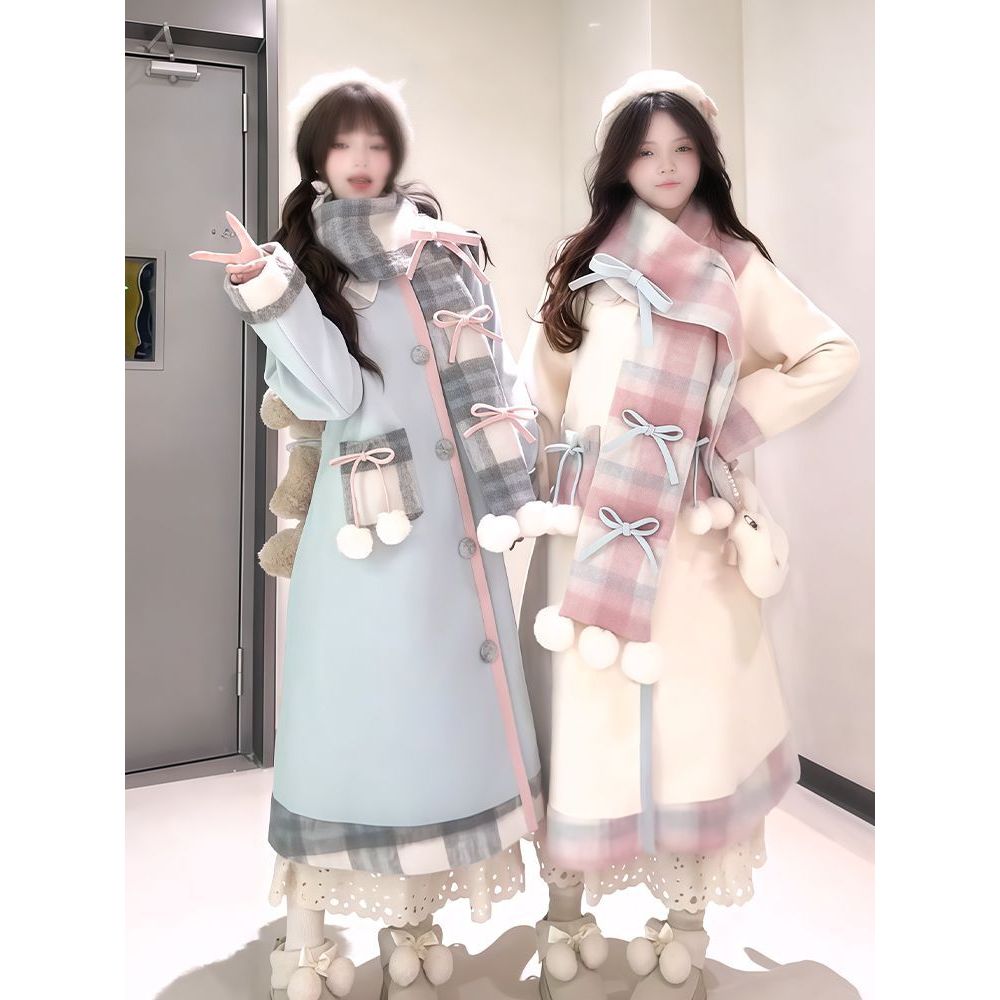 【奶油日记】秋冬可爱蝴蝶结格子甜美少女围巾毛呢长款大衣
