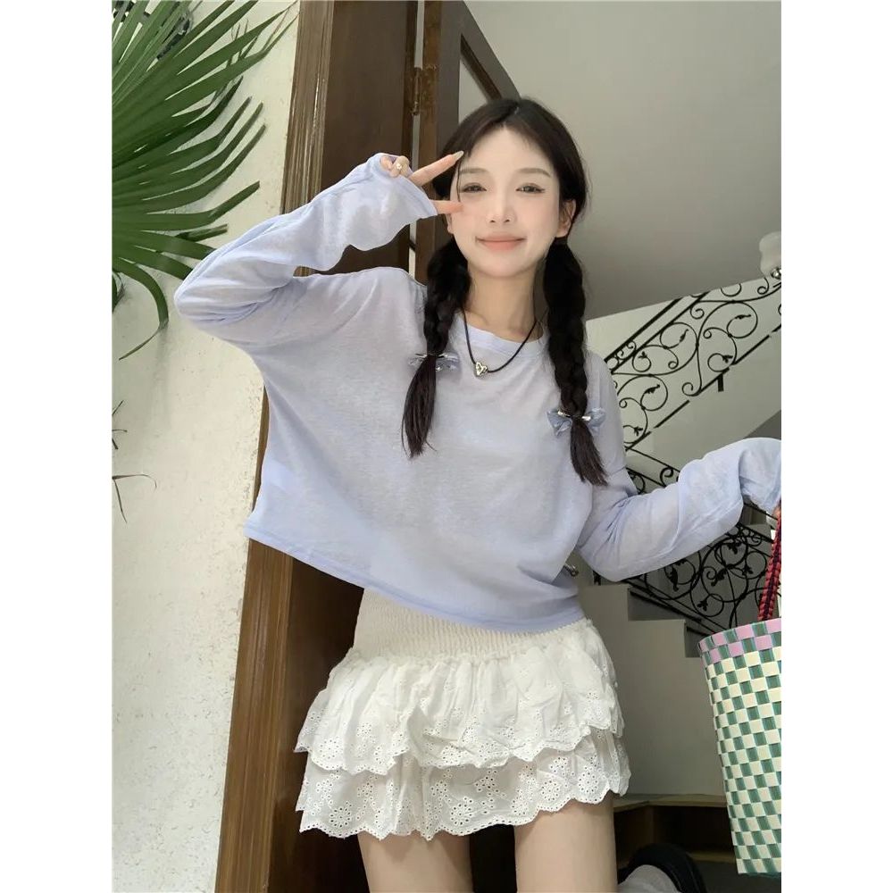 纯色薄款长袖防晒T恤女2026新款夏胖mm短款宽松显瘦外搭罩衫上衣
