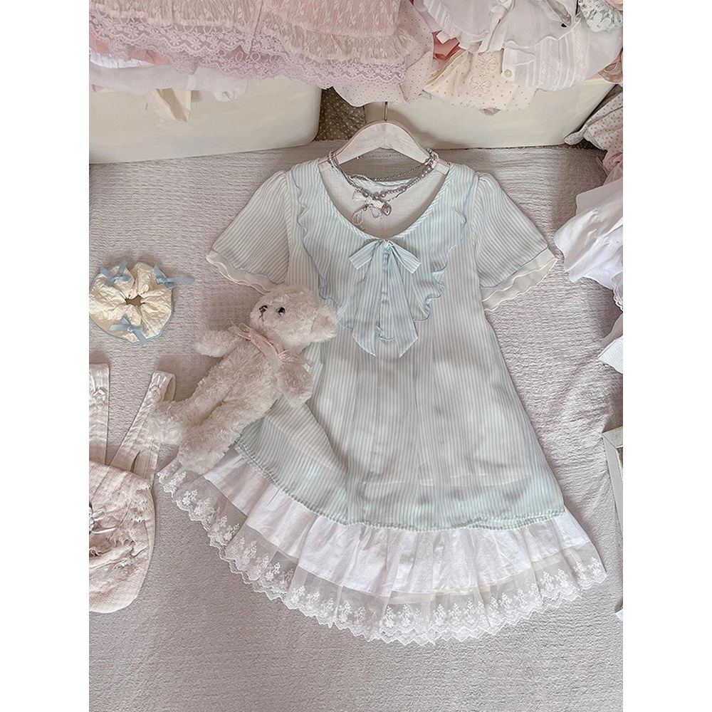 夏季新款古早vintage甜美泡泡袖蝴蝶结上衣+蕾丝花边半身裙两件套
