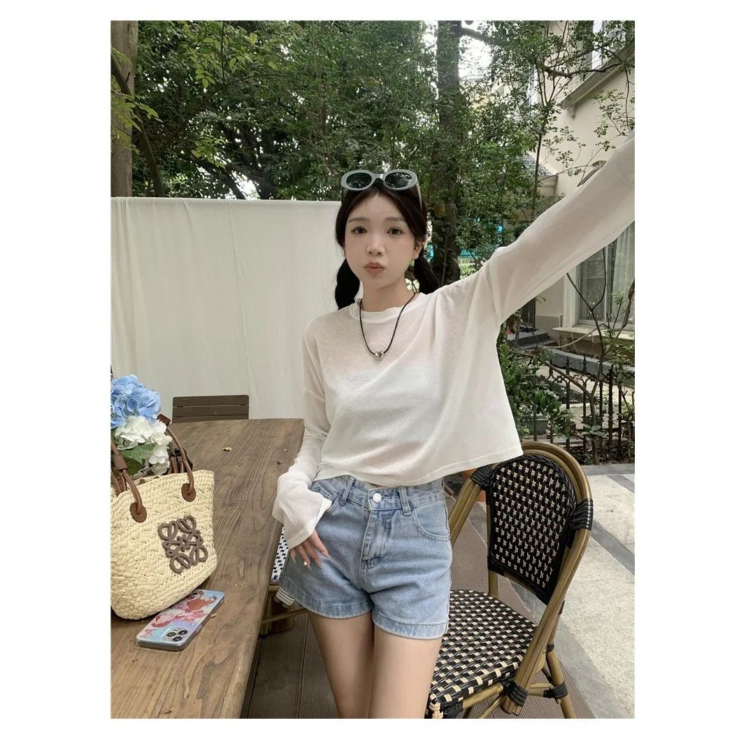 薄款长袖网纱防晒T恤女夏季韩版新款纯色宽松短款百搭可外穿罩衫