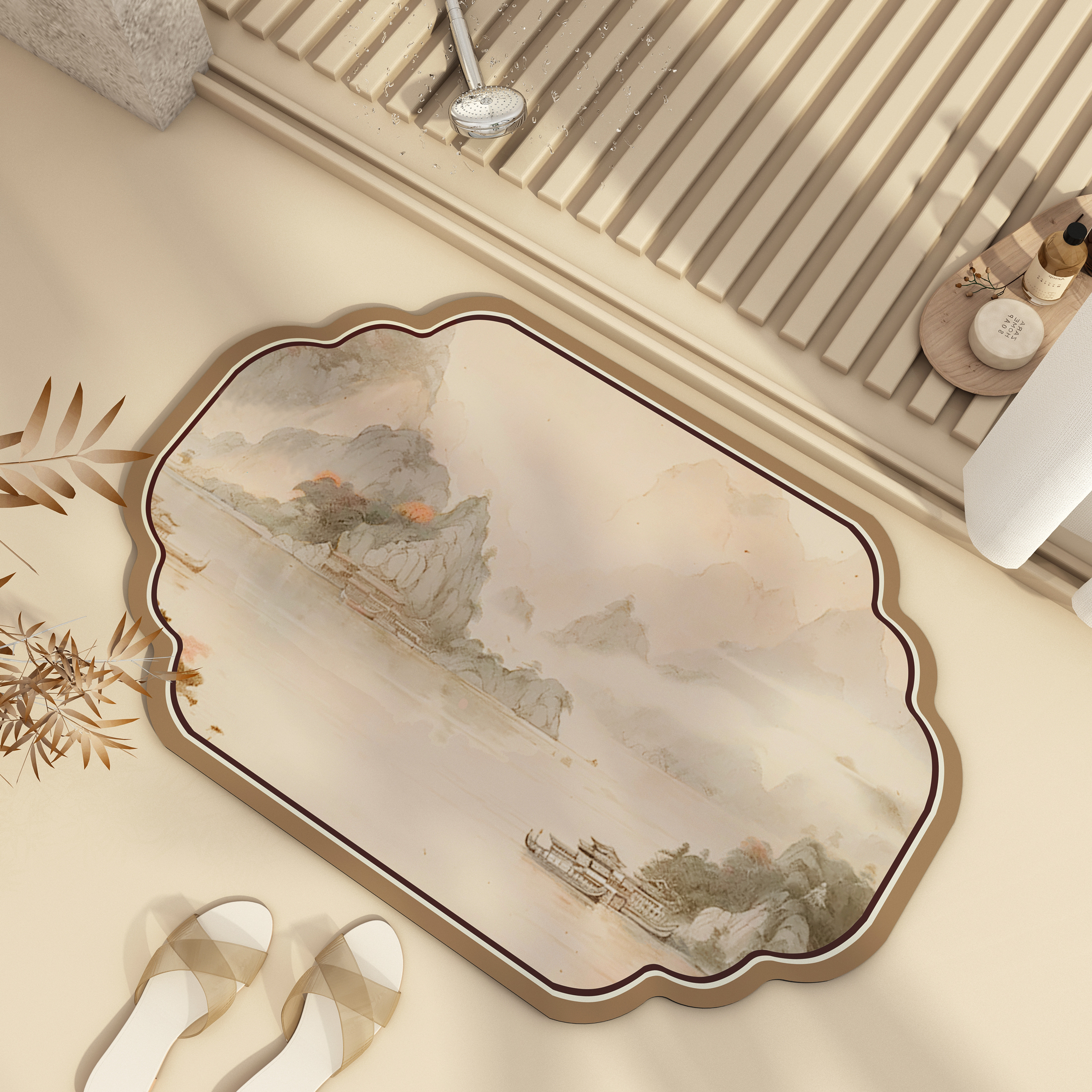 新中式浴室硅藻泥吸水门口地垫卫生间厕所防滑速干脚垫中国风地毯