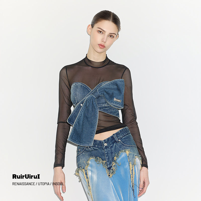 RuirUirul牛仔蝴蝶结拼接网纱T恤