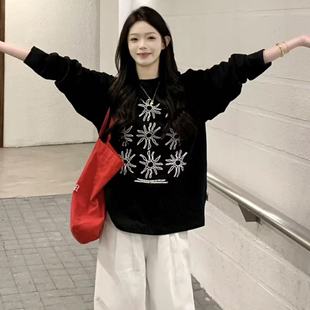 上衣 美式 慵懒风黑色重磅纯棉长袖 t恤女2025新款 设计感小众打底衫