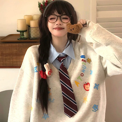 美式学院风假两件polo领卫衣女