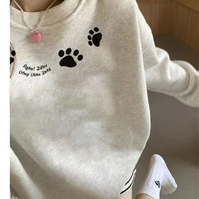 美式重磅纯棉灰色正肩圆领卫衣女