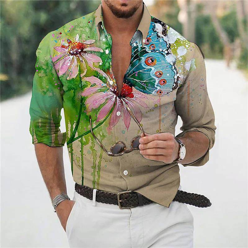 Printed Lapel Casual Slim Fit Men's Shirt印花翻领修身男衬衣