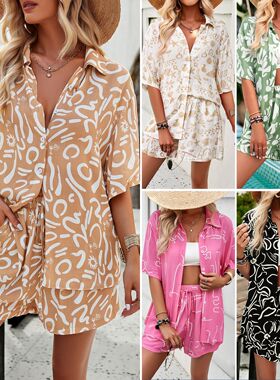 Color blocking button up shirt shorts set女撞色系扣衬衫套装