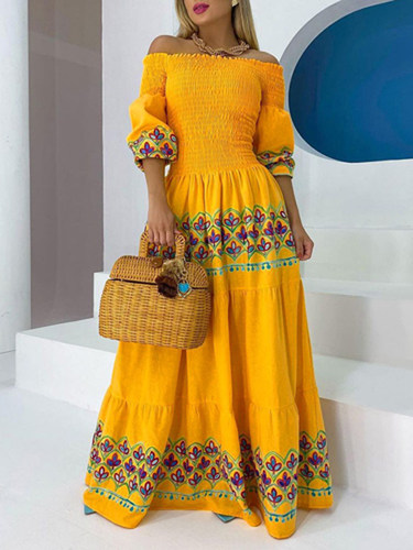 High-waisted one-shoulder printed maxi dress高腰一字肩连长裙