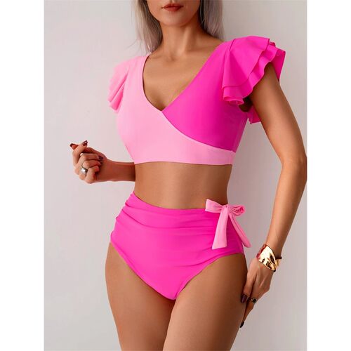 纯色拼接荷叶边泳衣Solid color patchwork ruffle edge swimsuit
