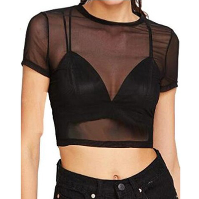 Crew neck mesh tight cropped bottoming shirt圆领网纱紧身T恤