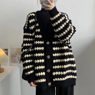 medium striped length knitted cardiganV领条纹针织开衫 neck