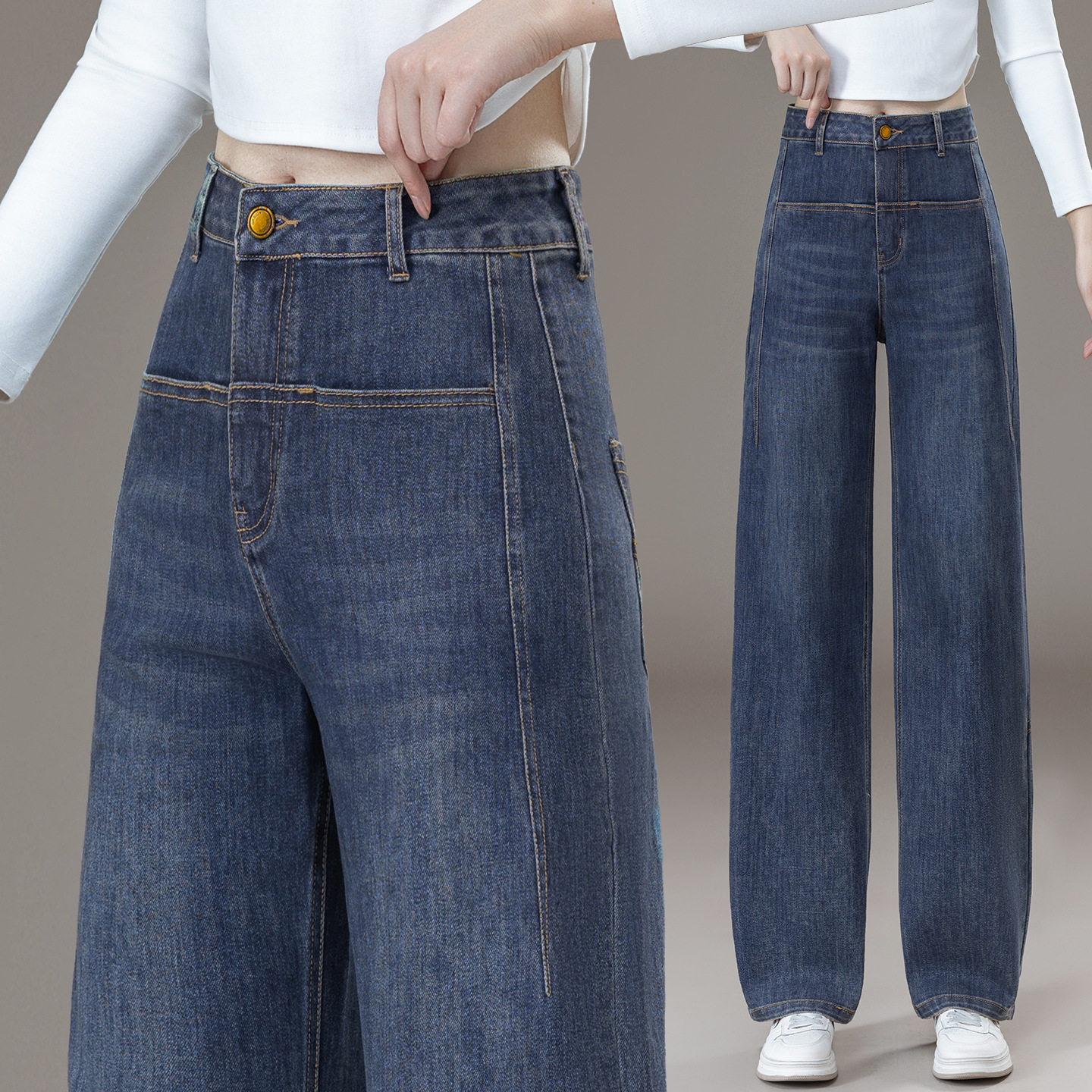 怀旧复古牛仔裤女秋冬季2025新款加绒加厚高腰弯刀裤阔腿宽松裤子