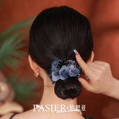铂思亚新中式 大肠发圈女后脑勺盘发头绳蓝色扎丸子头皮筋头花发饰