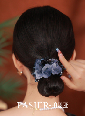 铂思亚新中式大肠发圈女后脑勺盘发头绳蓝色扎丸子头皮筋头花发饰