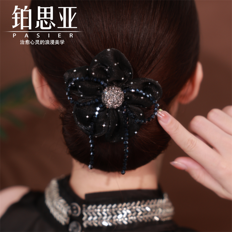 铂思亚黑色花朵流苏盘发器女