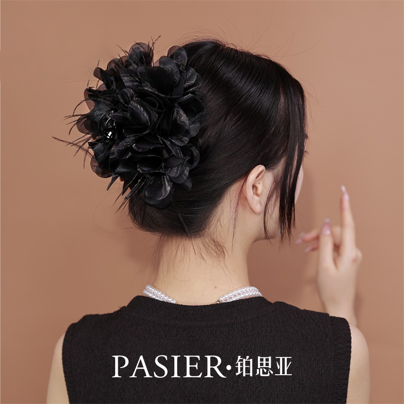 鉑思亞新款韻味羽毛抓夾女手工片花夸張增發(fā)量黑色高級感大號發(fā)飾