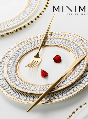 金边骨瓷盘子陶瓷牛排盘家用菜盘西餐餐盘套装欧式餐具高级感轻奢