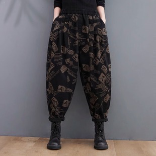 秋冬装 复古印花牛仔裤 新款 高腰显瘦老爹裤 文艺大码 休闲哈伦裤 女装