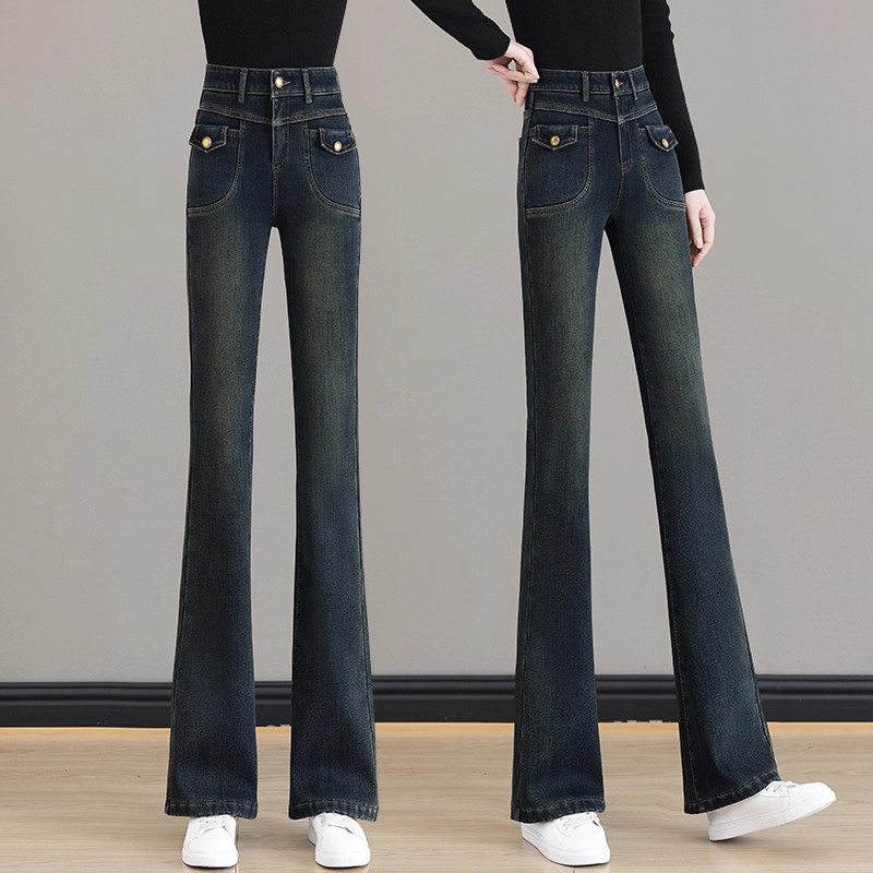 微喇牛仔裤女2025新款秋冬裤子高腰显瘦加绒喇叭裤宽松大码马蹄裤