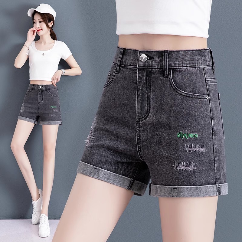 烟灰色牛仔短裤女夏季薄款2025新款复古刺绣a字外穿宽松阔腿热裤