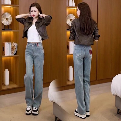 浅蓝色加绒加厚宽松直筒牛仔裤女春秋新款设计感刺绣高腰阔腿裤子