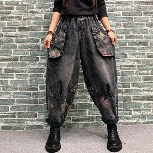 女宽松大码 复古贴布印花牛仔裤 萝卜裤 休闲哈伦裤 女 秋季 老爹裤 新款