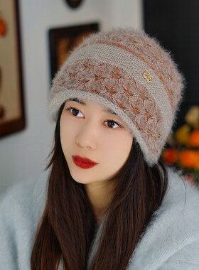 LEIM颜选新款秋冬针织双层勾花加厚包头帽女士护耳百搭时尚堆堆帽