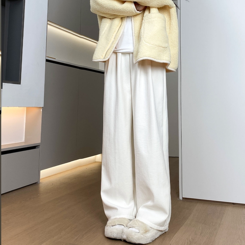 白色加绒裤子女季冬加厚防风棉裤小个子休闲宽松糯米直筒奶芙裤子