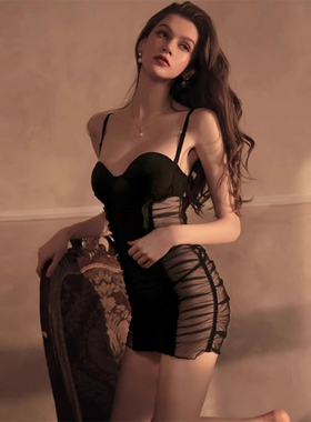 性感睡衣带胸垫蕾丝聚拢吊带睡裙包臀纯欲诱惑擦边裙显胸大 里物