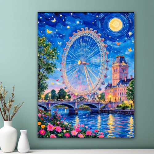 新疆长绒棉布，夜空摩天轮60×75十字绣 54色大格【十字绣】印花