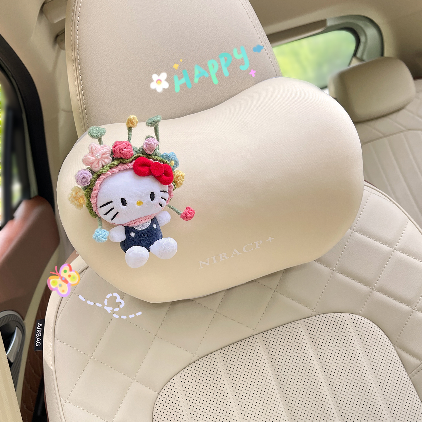 新款簪花KT猫汽车护颈枕座椅腰靠