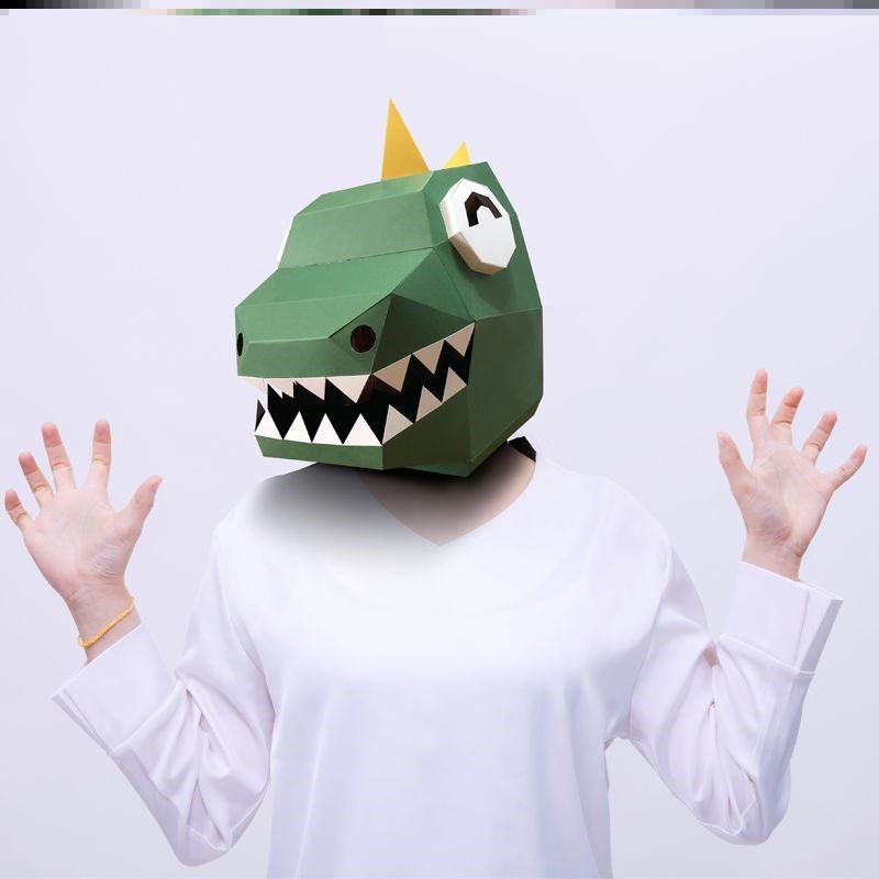 小恐龙纸盒头套儿童面具帽子熊猫道具服装纸箱手工可穿戴拼装diy
