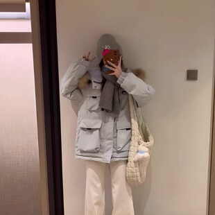 工装羽绒棉服女冬季2025新款小个子韩系款式加厚大毛领外套派克服