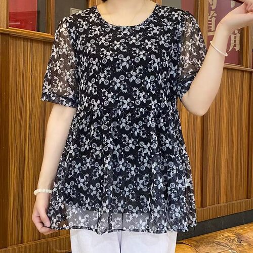 夏季新款圆领时尚弹力碎花减龄娃娃衫上衣女短袖t恤网纱宽松小衫