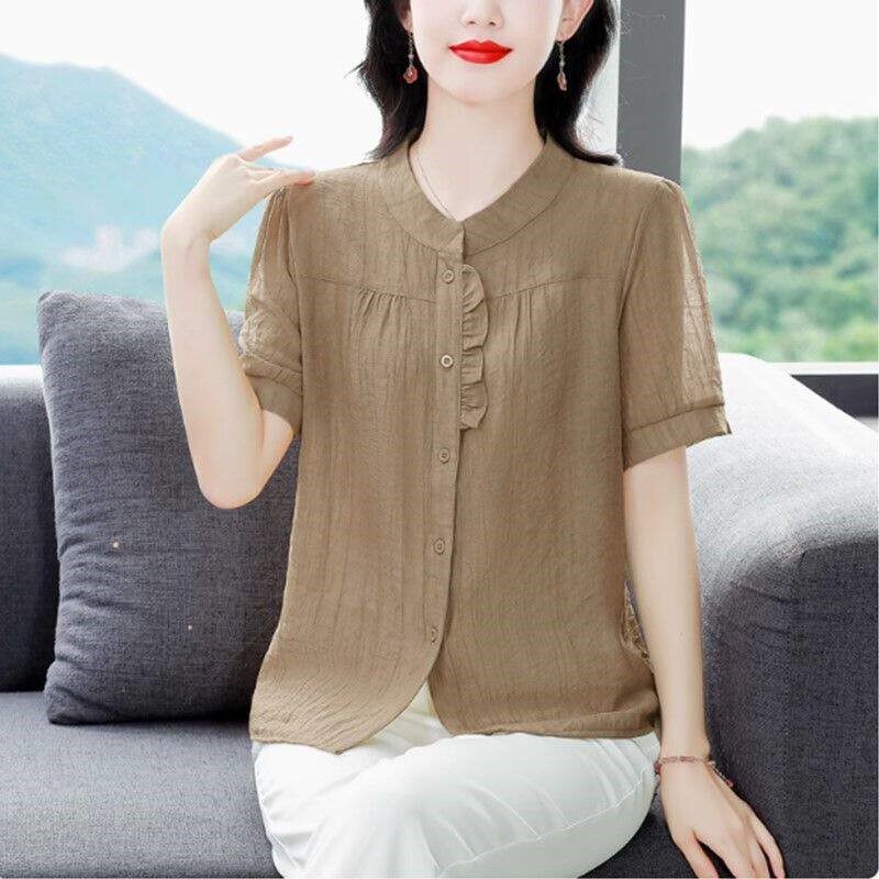 夏装新款短袖t恤宽松立领女士衬衣洋气小衫时尚百搭妈妈亚麻上衣