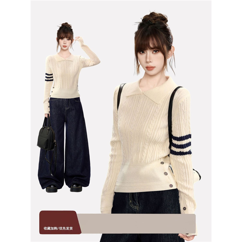 笨比甜Sweety翻领tb针织衫女上衣2025新款秋季麻花套头学院风毛衣