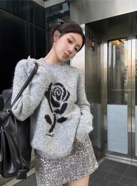 玫瑰花提花灰色毛衣女秋冬2025新款内搭宽松慵懒风套头打底针织衫