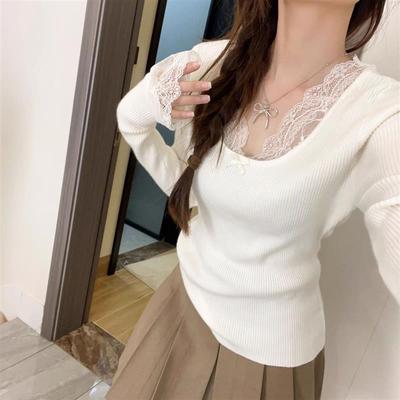 白色蕾丝毛衣内搭叠穿秋冬季复古花边蝴蝶结长袖套头针织衫打底女