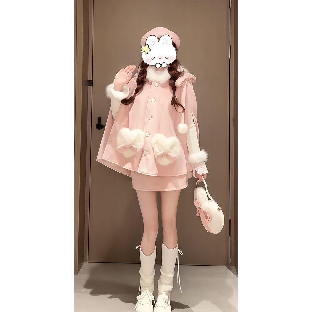 【粉珠云绵】小个子粉色短款斗篷大衣女款2025新款冬加厚毛呢外套