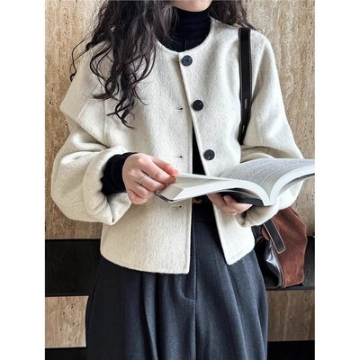 圆领正肩短款双面毛呢大衣女2025冬季韩版宽松气质小香风毛呢外套