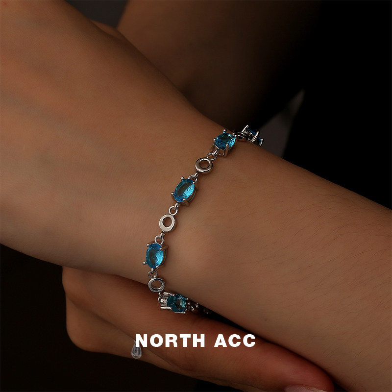 NORTHACC欧美ins风海蓝色托帕石镀银手链女士水晶简约日常百搭